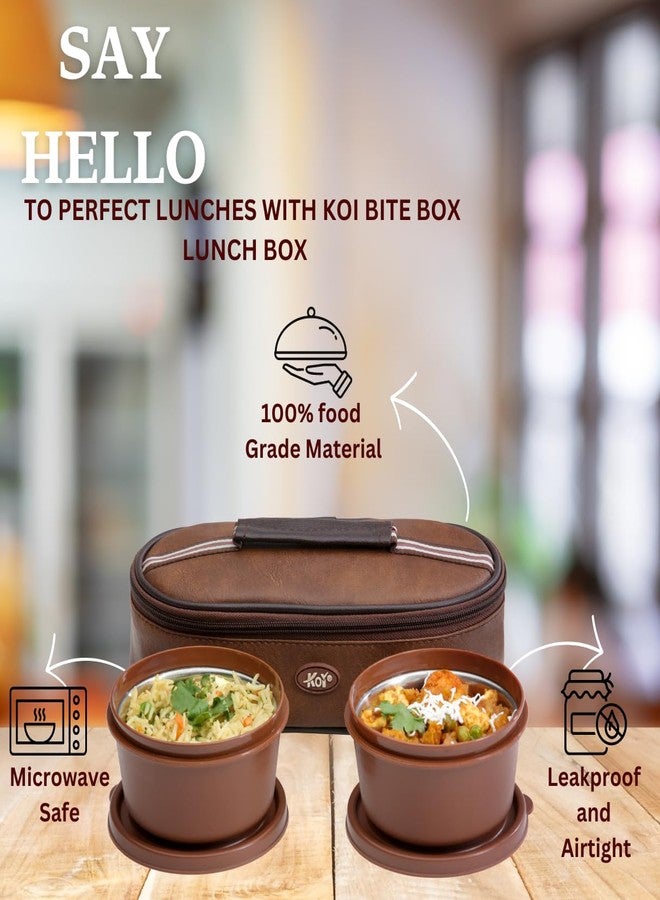 كوي طقم علبتي غداء أفقيتين من KOI Bitebox: مانعة للتسرب وآمنة للاستخدام في الميكروويف، تحتوي على حاويتين داخليتين من الفولاذ (450 مل)، وحقيبة قماشية معزولة لحفظ الوجبة كاملة، سهلة الحمل (بني ممبيس). - Image 2